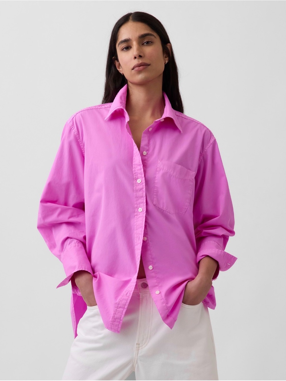 GAP Oversized Button-Down Shirt in Vibrant Pink